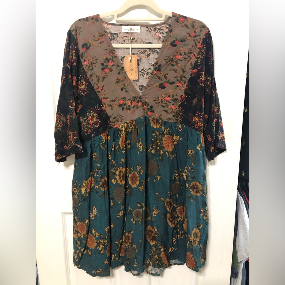 Natural Life Floral Patchwork V-Neck Women's Dress